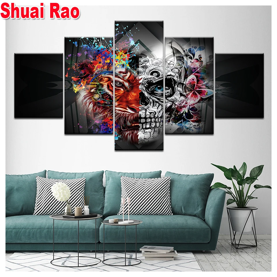 

5 Pieces skull diamond painting 5d puzzle mosaic diamond full square round drill embroidery rhinestone tiger Halloween decor,