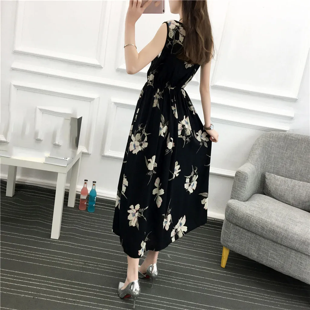 Женское длинное платье с круглым воротником без рукавов жилет цветочным принтом