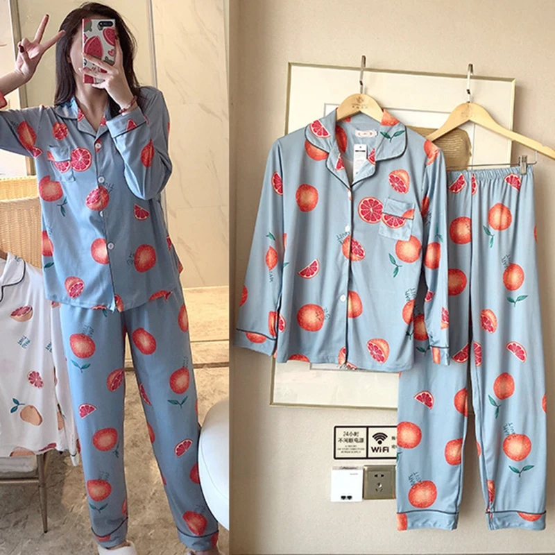 

Women Pajamas Set Cartoon Fruit Print Shirt And Trousers Long-sleeved Cardigan Lapel Pajamas Set Fashion Home Service