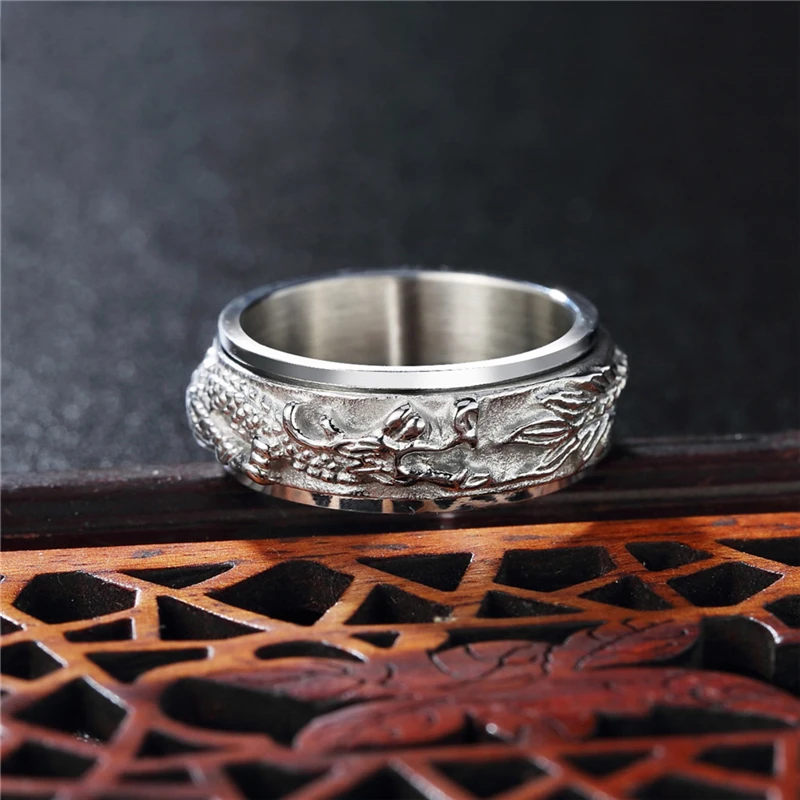 

China Ethnic Dragon Spinner Ring For Women Bridal Jewelry Trendy Gold Color Stainless Steel Wedding Engagement Band Bijoux Femme