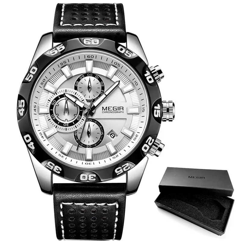 ML2096G-White Megir мужские военные спортивные часы с кожаным ремешком Топ бренд хронограф 3 бар водонепроницаемые светящиеся наручные часы мужские 2096G белые - Цвет: ML2096G-White