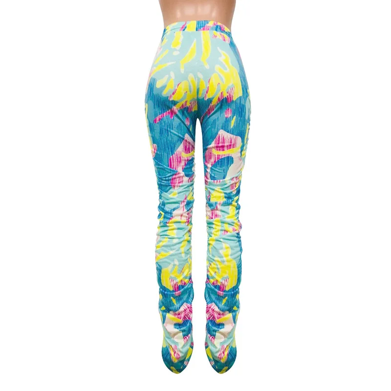 

High Waist Streetwear Bell Bottom Trouser Women Colorful Print Stretch Ruched Leggings Casual Stacked Pleated Party Flare Pants