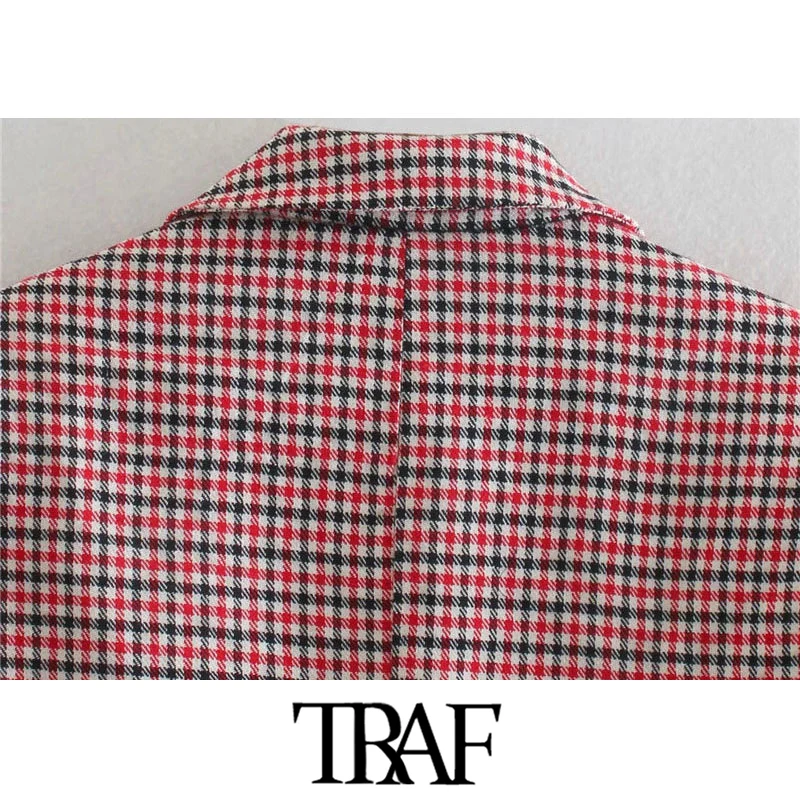 

TRAF Women Fashion Office Wear Double Breasted Plaid Blazer Coat Vintage Long Sleeve Pockets Female Outerwear Chic Tops