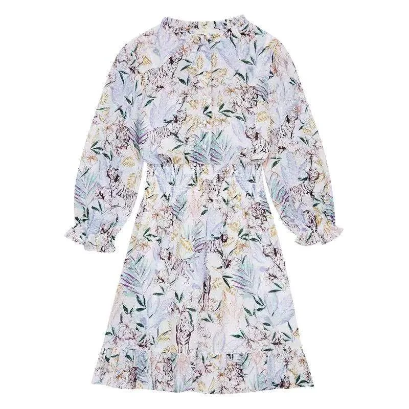 

2021 summer new cropped floral dress with three-quarter sleeves plant printing elastic waist slimming