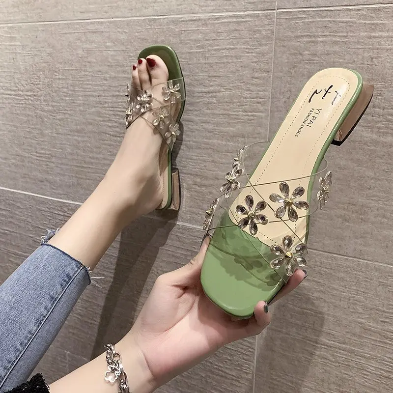 

Square heel Female Shoes Slippers Women Summer Glitter Slides Heeled Mules Fashion Block 2021 Jelly Flat High Transparent
