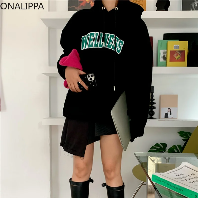 

Женский пуловер с капюшоном Onalippa 2021, осенне-зимний бархатный плотный Свободный пуловер в стиле ретро с буквенным принтом, Нежный свитер в ле...