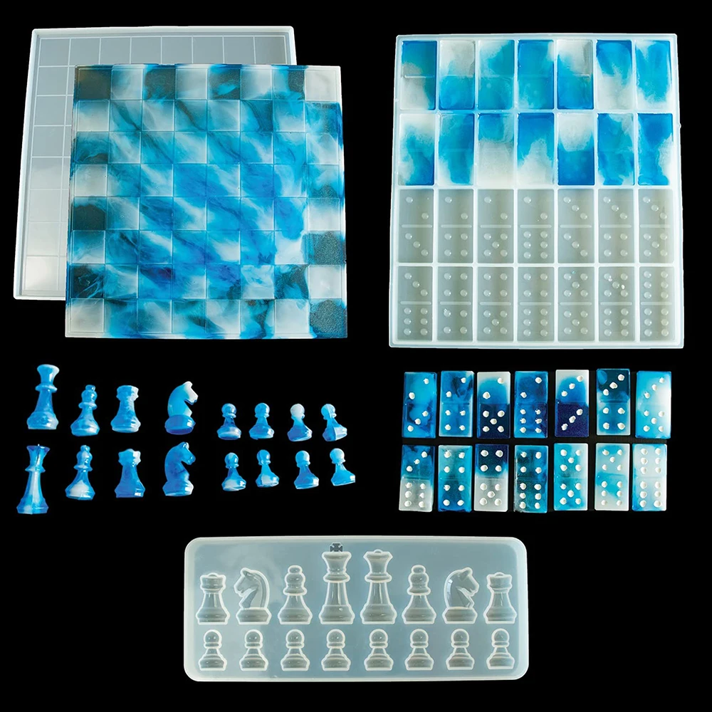 3 Pieces Chess Resin Mold and Domino Resin Mold Set, Chess Board Resin Mold, 3D Chess Piece Mold for Resin, and Dominoes Molds