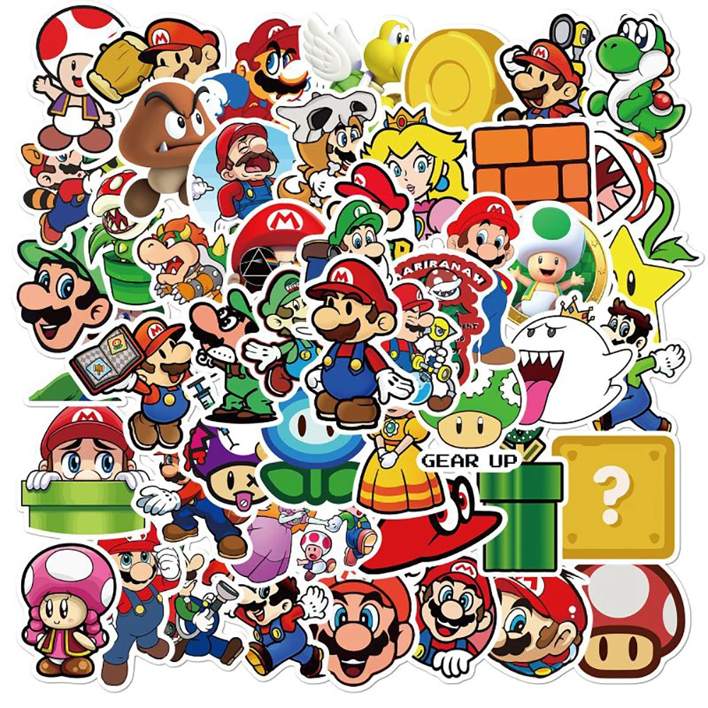 Pegatinas de Super Mario para bicicleta, adhesivos de dibujos animados cl&aacute;sicos para equipaje de viaje, tel&eacute;fono, guitarra y port&aacute;til, 50 Uds.-0