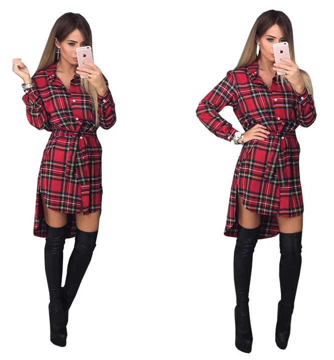 Осеннее женское модное свободное однобортное клетчатое платье с длинным рукавом