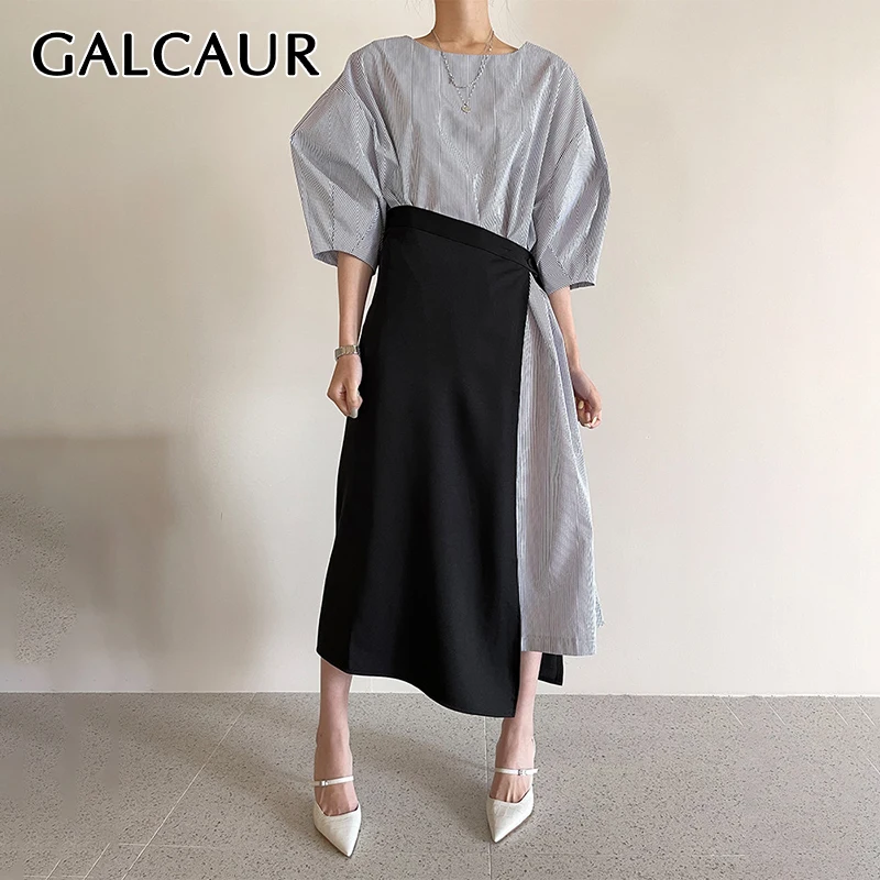 

Комплект из двух предметов GALCAUR Женский, корейский стиль, в полоску, с круглым вырезом, пышными рукавами, средней длины, юбка с завышенной тал...