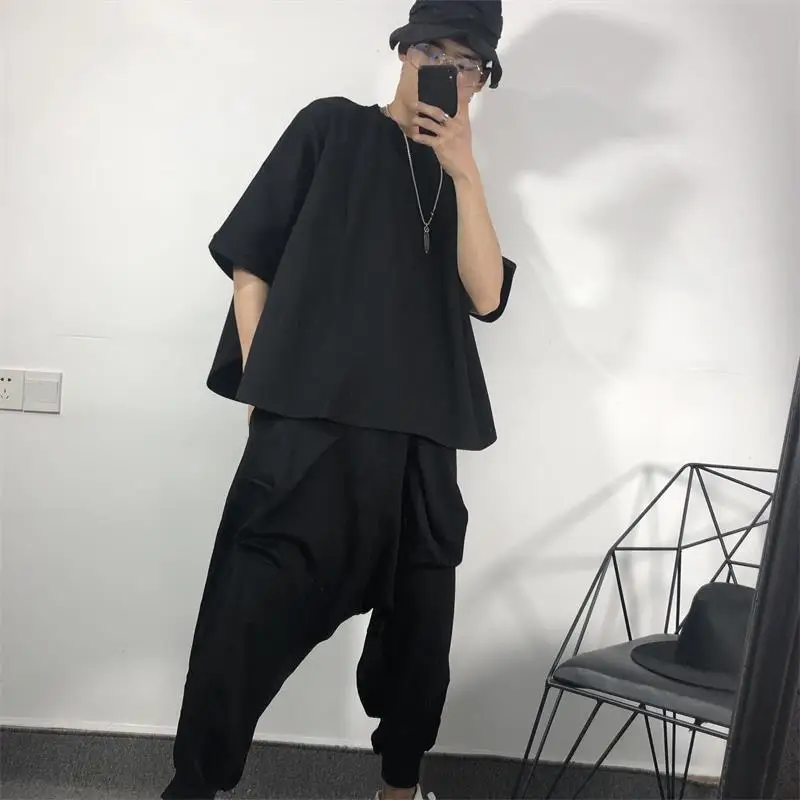 

Men's Harun Pants Spring And Autumn New Solid Color Elastic Waist Personality Big Pocket Design Seven Points Loose Casual Pants
