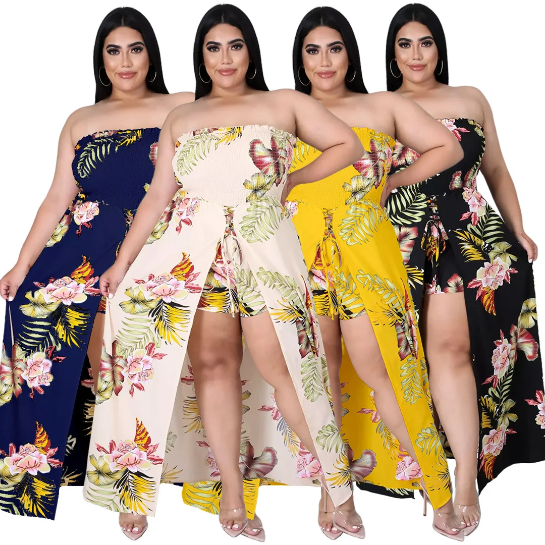 

RStylish Summer Plus Size 2021 Women Clothing Floral Print Elastic Waist Beach Casual One Piece Split Jumpsuit