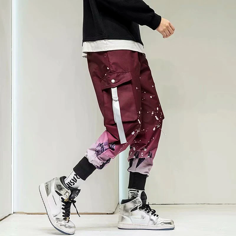 

Streetwear Gradient Printed Joggers Men Cargo Pants Ribbon Pockets Men Casual Pant Hip Hop Male Harem Pants Trousers