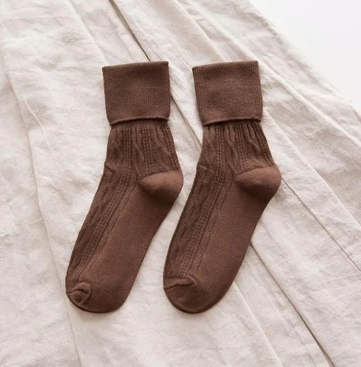 SOCKS 09 Осень и зима новые женские носки ретро твист широкий рот с манжетами дикий ворс сплошной цвет хлопчатобумажные носки - Цвет: SOCKS 09