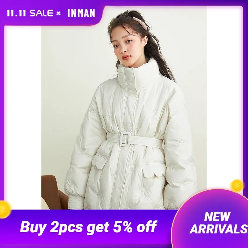 INMAN Women's Down Jacket With Bandage Minimallist Flowers Embroidery Design Kawaii Pocket Thermal Beige Winter Coat