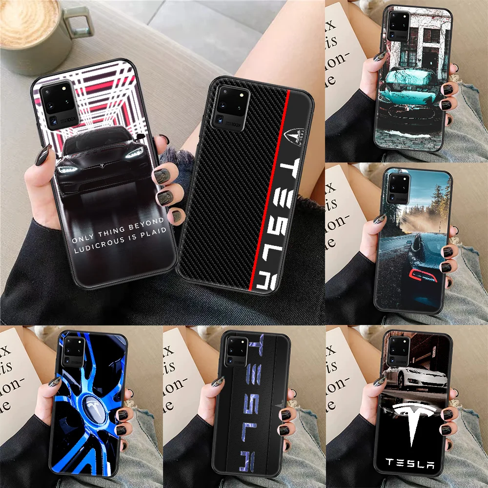 Tesla Inc. car logo rim Phone case For Samsung Galaxy Note 4 8 9 10 20 S8 S9 S10 S10E S20 Plus UITRA Ultra black 3D back art