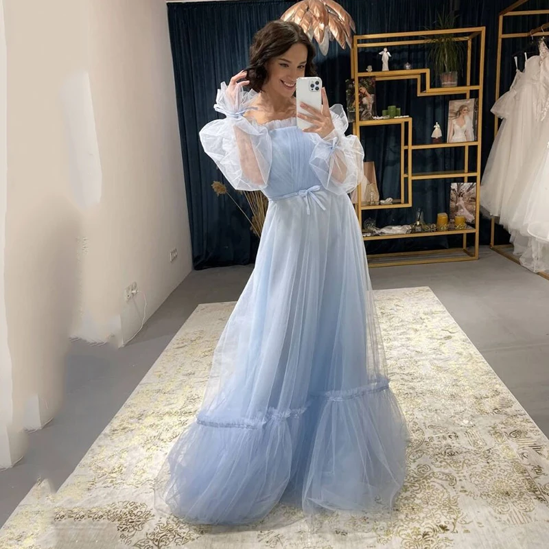 

Elegant Blue Pleated Tulle Prom Dresses Long Layered Sleeves Ruffles Off The Shoulder Floor Length Long Evening Gowns