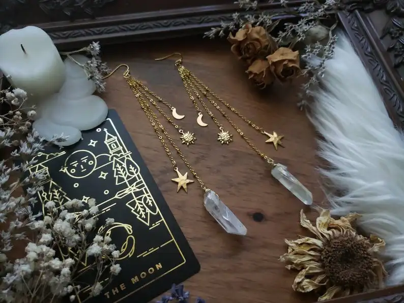 Серьги elestial Sun Moon звезда и кварц латунь солнце звезды луна бохо небесное