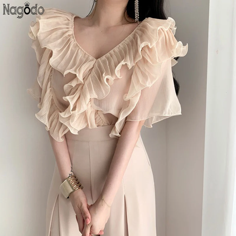 Nagodo Chiffon Blouse Women 2020 Summer Sweet Korean Womens Tops Sexy V-neck Short Sleeve Ruffles Shirt Ladies Haut Femme Beige semir short sleeve shirt women 2020 summer korean style v neck cotton blouse sweet ladies tops