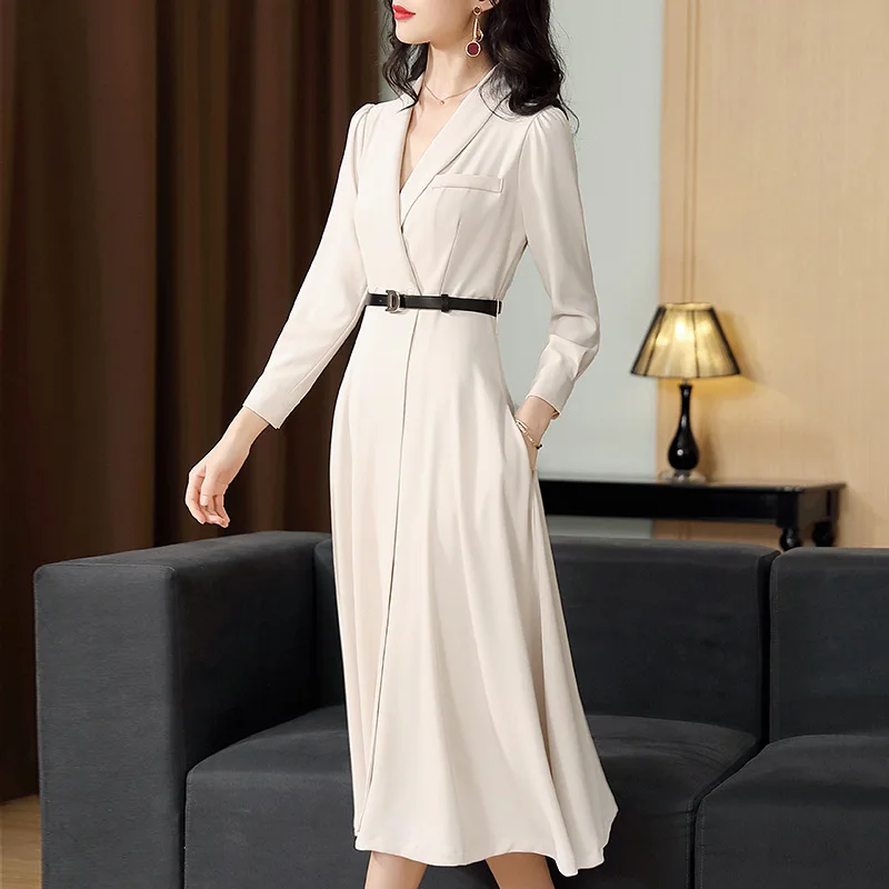 

women's clothing boutique high-end women's spring 2020 new dress long-sleeved long to receive A word waist in acetic acid