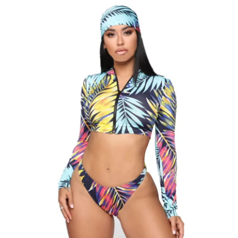 

3 шт., женские комплекты бикини с принтом, купальники, новинка 2020, модные женские короткие топы на молнии с длинным рукавом + плавки + Плавател...