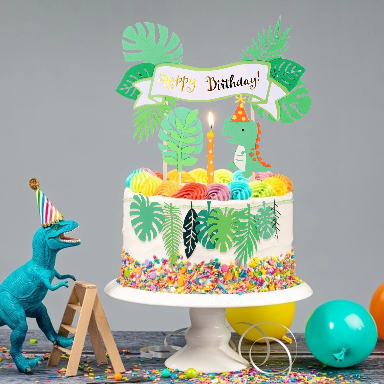 

Green Dinosaur Birthday Cake Toppers Green Pink Dinosaur Tropical Palm Leaf