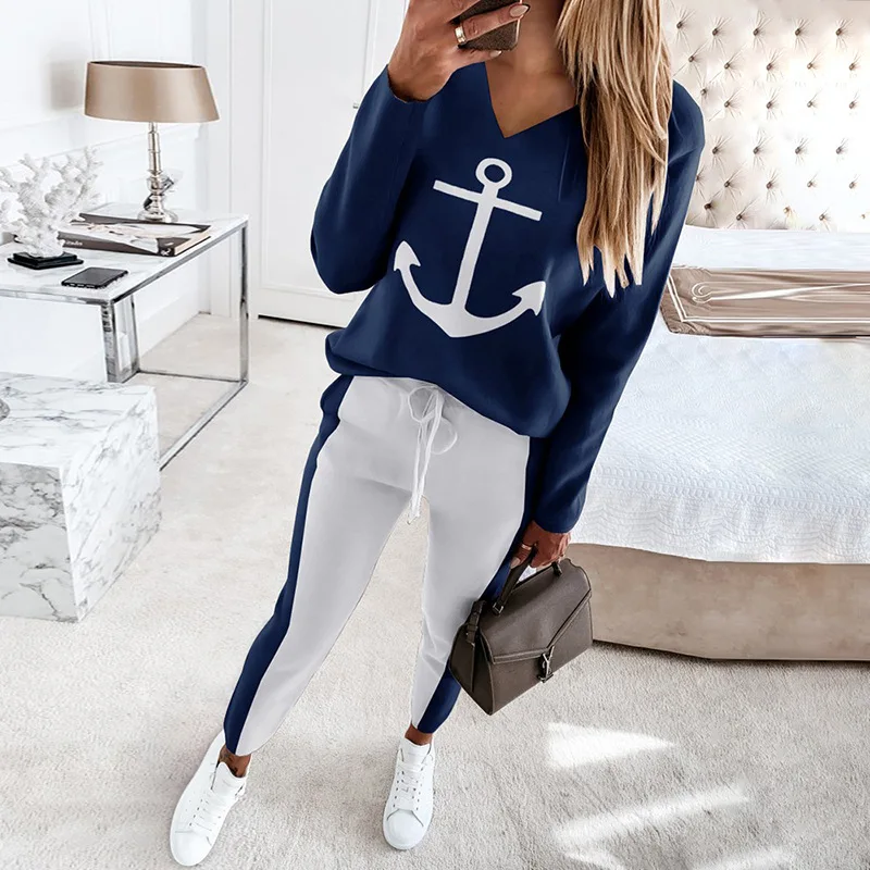 

Hot Boat Anchor Print Autumn spring T-Shirt Two Piece printing long-sleeved v-neck fashion women leisure trousers suit girls