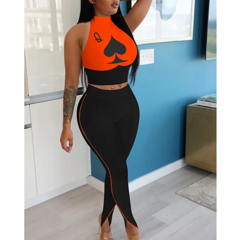 

Сексуальные спортивные костюмы с принтом покера, женские костюмы из двух предметов, укороченный топ и обтягивающие штаны, комплект уличной ...