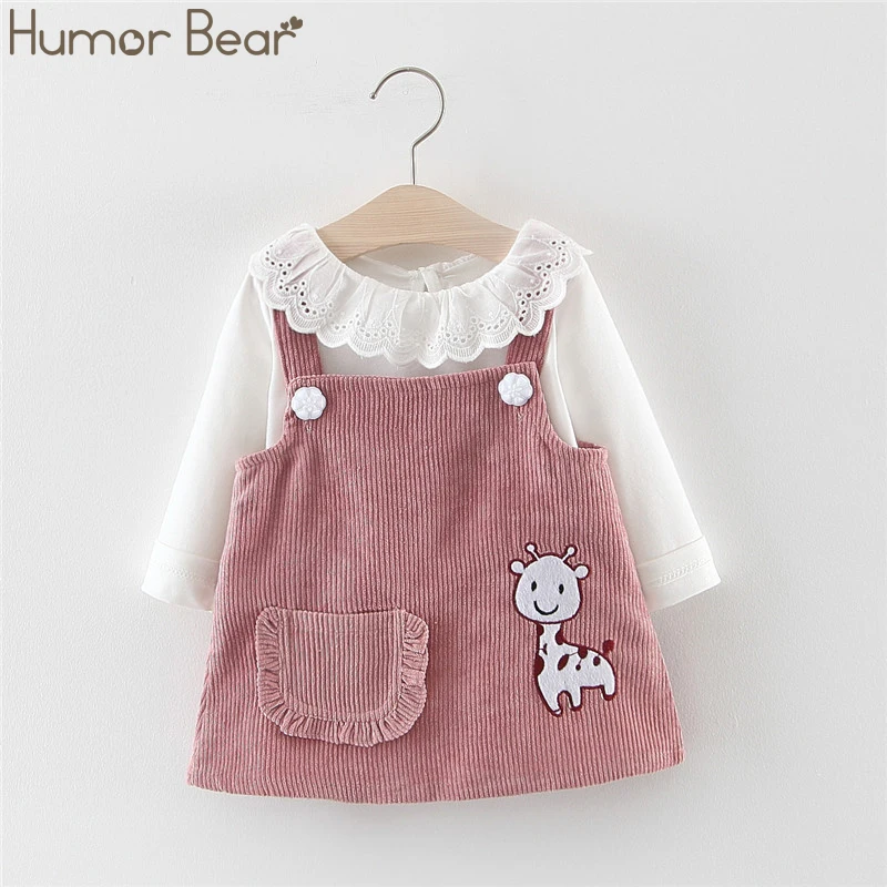 Humor Bear Girls Autumn Korean Children's Clothing Doll Collar Long Sleeve +Strap Dress  2Pcs Suit Baby Kids Clothing Suit images - 1