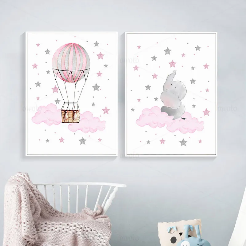 Розовые детские настенные картины со звездами слона на холсте в спальне