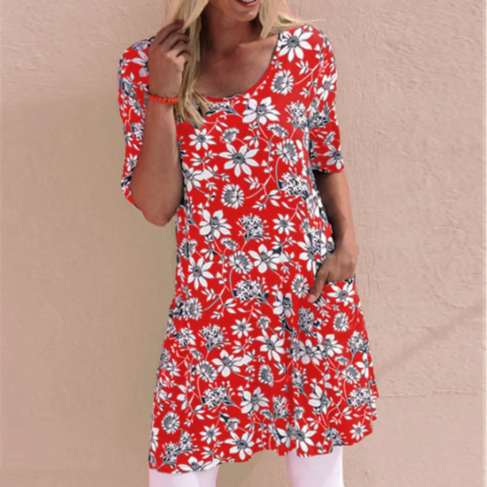 

Kili Women'S Summer Fashion Printed Loose Short Sleeve Pocket Floral Dress