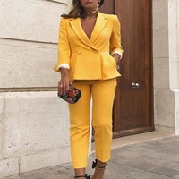 double breasted peak lapel stylish office lady yellow womens suit set for work slim fit casual jacket blazer pants