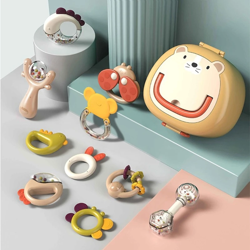 

B2RE 10 Pieces Small Animal Rattle Mixing Color Teething Ring Baby Set from 0 3 6 9 12 Months High Cute Modeling Baby Toy