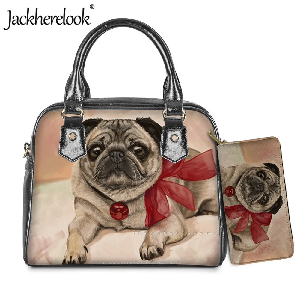 

Jackherelook Cute Pug Dog Pattern Handbag Clutch Wallet 2pcs/Set for Lady Female Luxury PU Mesenger/Crossbody Bag Bolsos Mujer