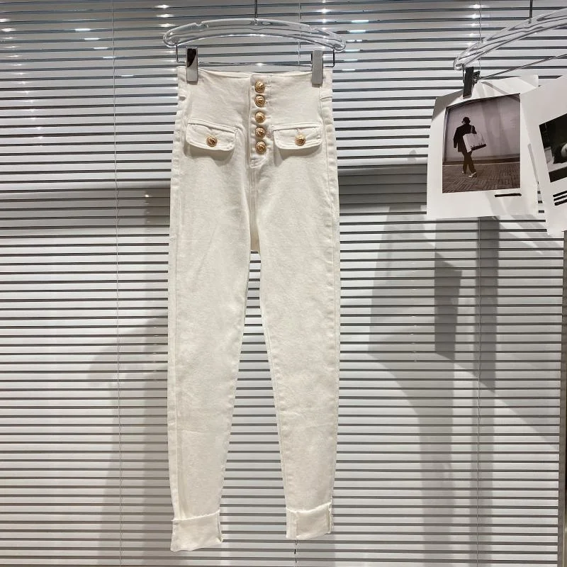 

Korean Style New Womens Metal Button Elegant High Waist Stretch Pencil Pants Office Lady Double Pockets Fashion Skinny Jeans