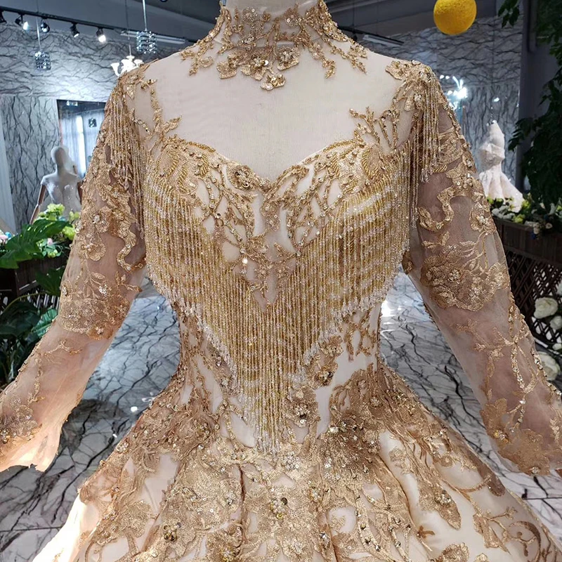 BGW 3428ht Golden Muslim Evening Dress Floor Length High-neck Full Sleeve Tassel Lace Up Back Party Dress 2020 Swollen Avondjurk
