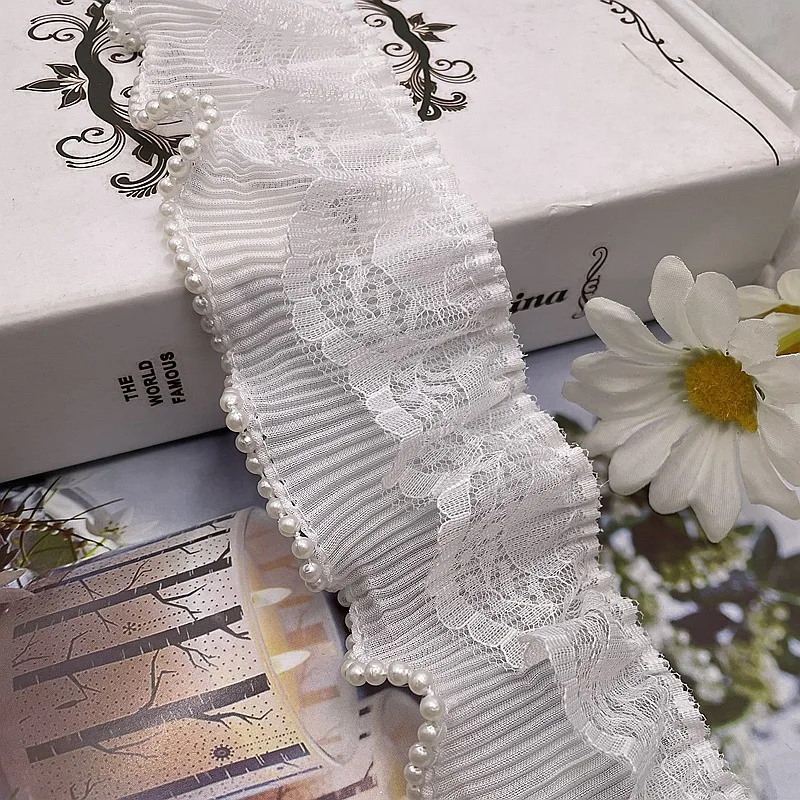 

2 Yard/ 6CM wide lace chiffon fabric folds pearl lace Lolita skirt cuff lace accessories tailor supplies