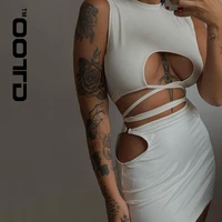 ootd drawstring solid color women 2 piece summer outfits sexy sleeveless cross tie up crop tank tops cutout mini skirt set 2021