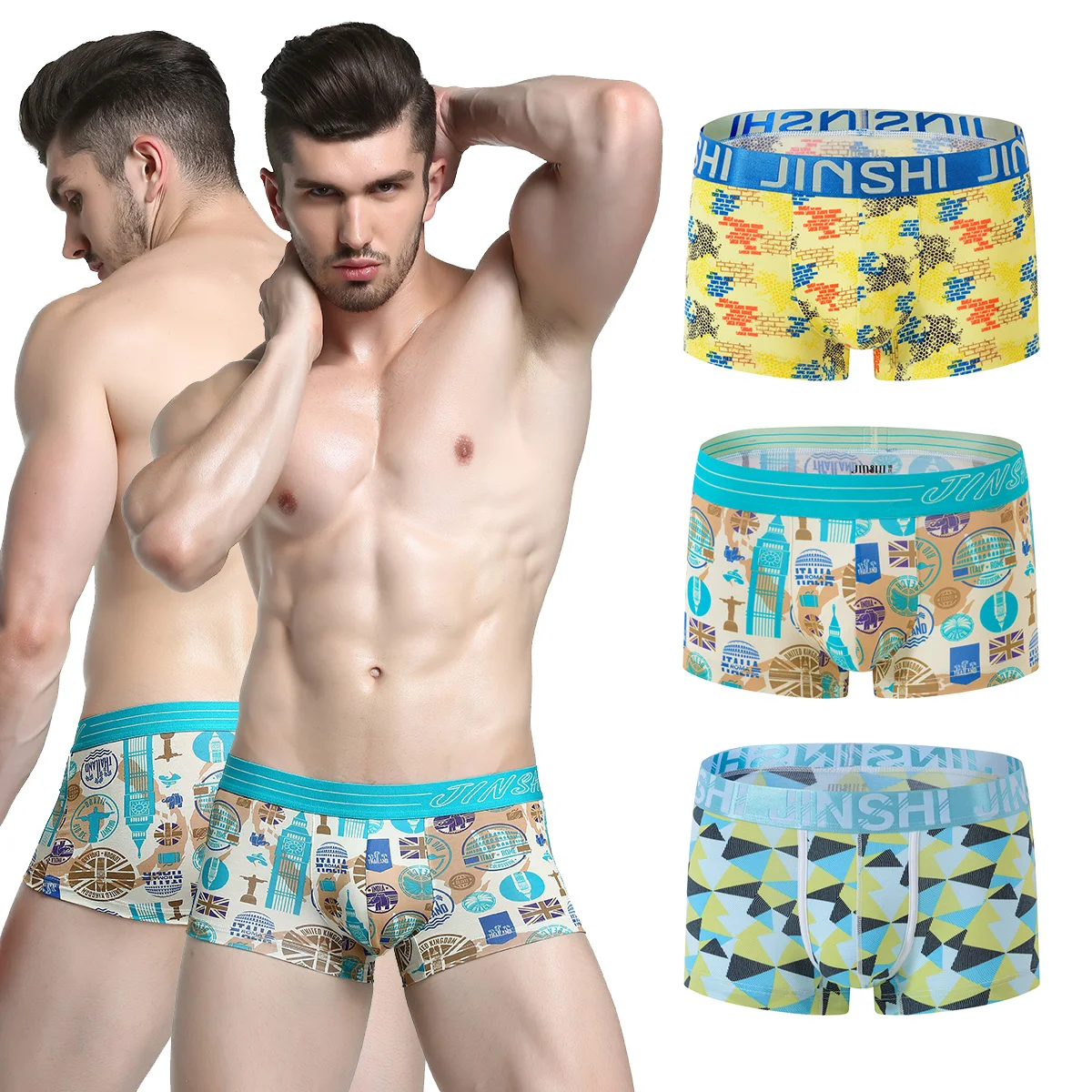 

JINSHI Men Boxershort Fashion Print Short Boxers Briefs New Style Mens Soft Breathable Underwear Bamboo Men Boxer