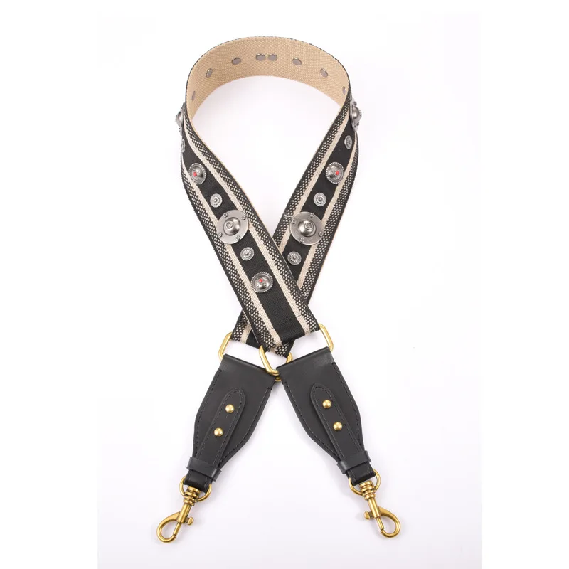 

Black White Striped Wide Fabric Bag Strap Genuine Leather Luxury Handbags Belt Accessory Rivet High Quality
