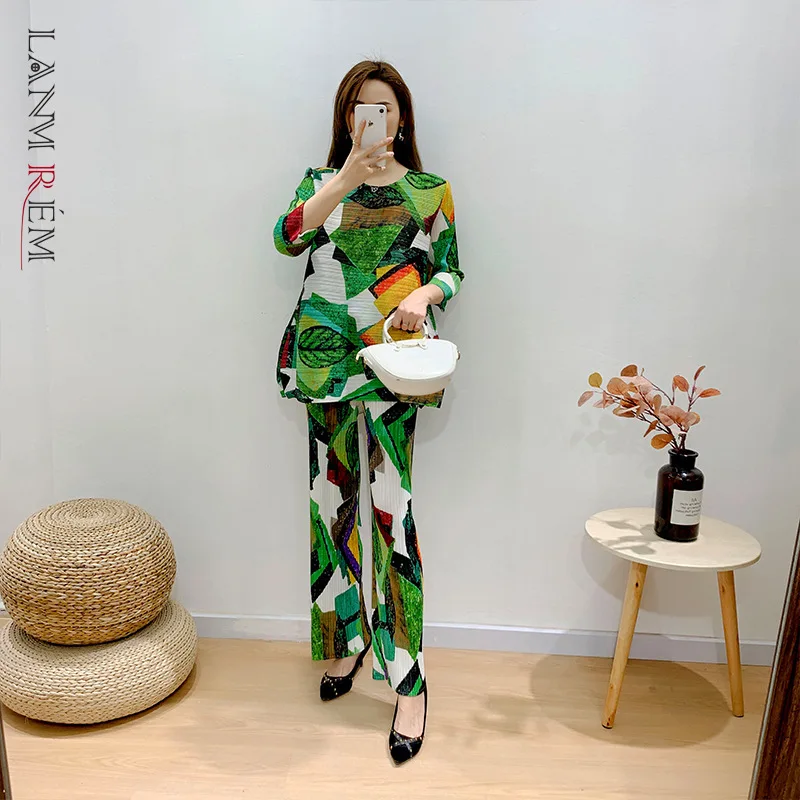 

LANMREM Pleated Pants Set 2021 Women's Summer New Printed Three-quarter Sleeve Top Straight Pants Casual Two-piece Set 2D1354