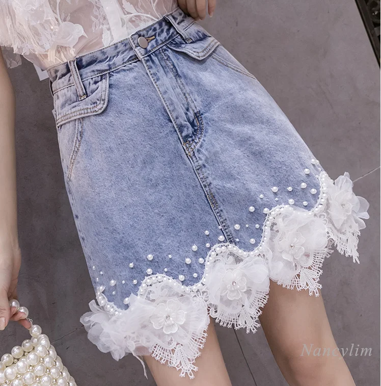 

Beading Lace Flower Denim Skirt for Women 2021 Summer New High Waist Slimming Hip A-Line Mini Skirts Jupe Nancylim