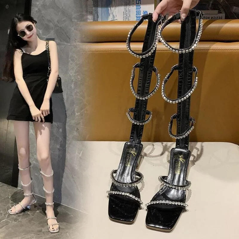 

2021 New Ladies High Heels Summer Sandals Female Roman Sexy Knee-length High-top Sandals With Square Toe Open-toe Female Sandals