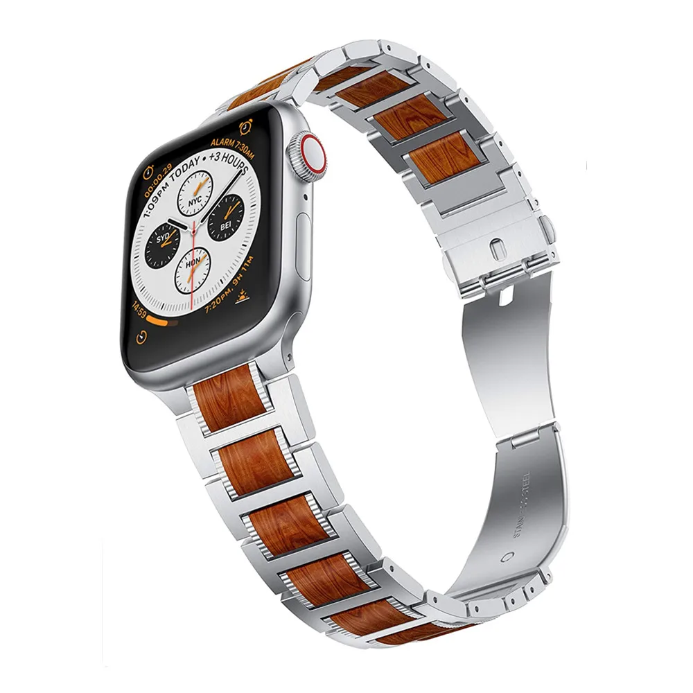 

Natural Red Sandalwood+Stainless steel Bracelet for iwatch 7 41mm 45mm Wooden strap For apple watch band 44mm 40mm 42mm 38mm