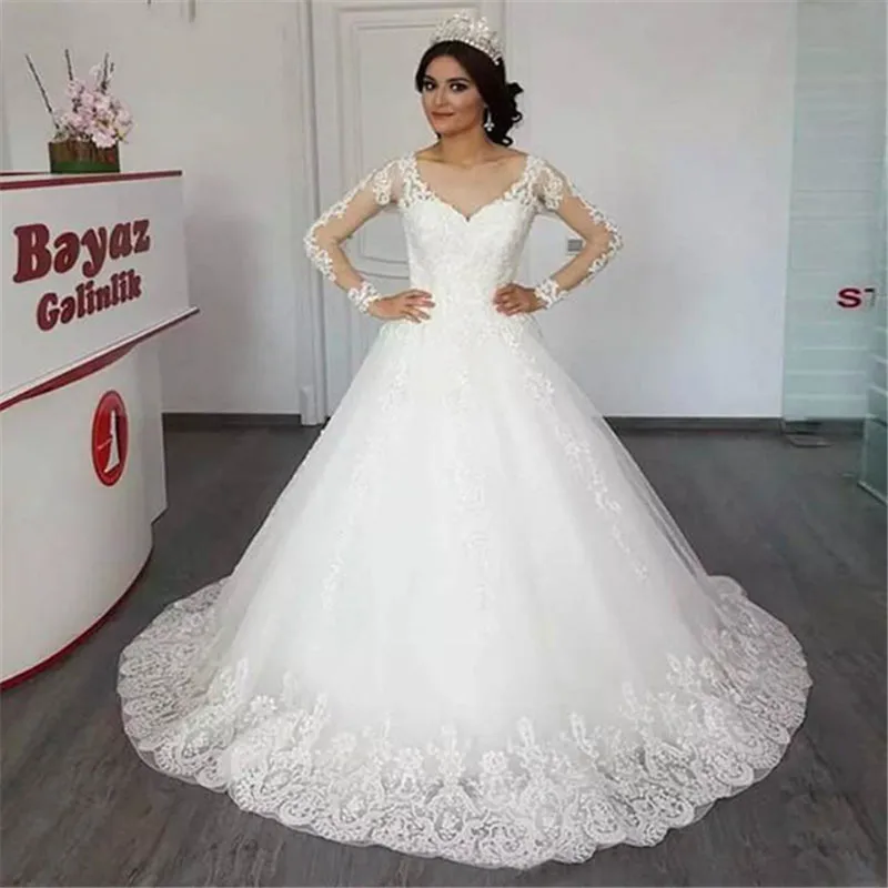 

Ball Gown Wedding Dresses Sweetheart Elegant Button Wedding Bridal Gowns Lace Long Sleeves Vestido De Noiva