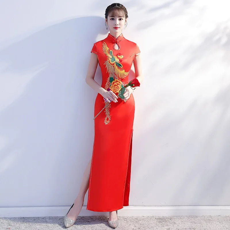 Красные женские весенние Длинные Cheongsam модные китайские стиль Леди китайский