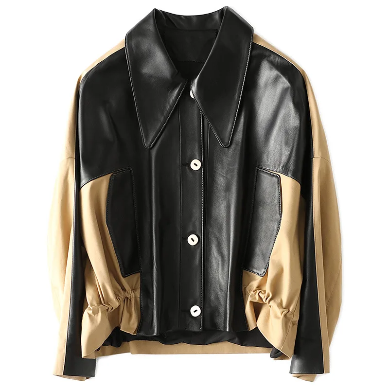 2021 Spring New Sheepskin Black Splicing Khaki Coat Women's High Quality Genuine Leather Casual Loose Motorcycle Jacket