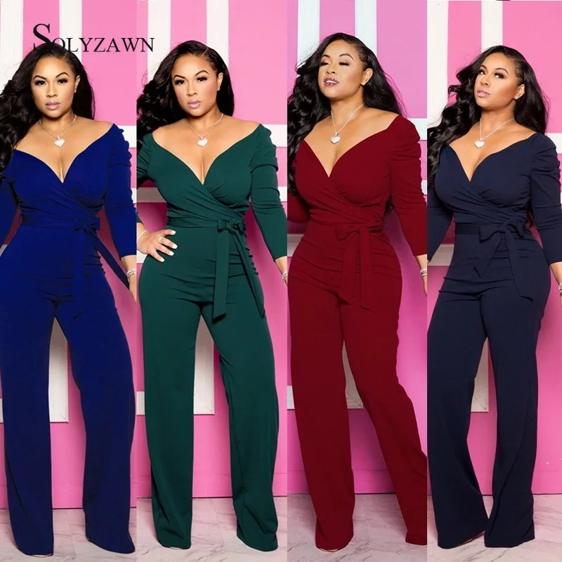 Женский винтажный комбинезон с поясом элегантный Облегающий V образным вырезом