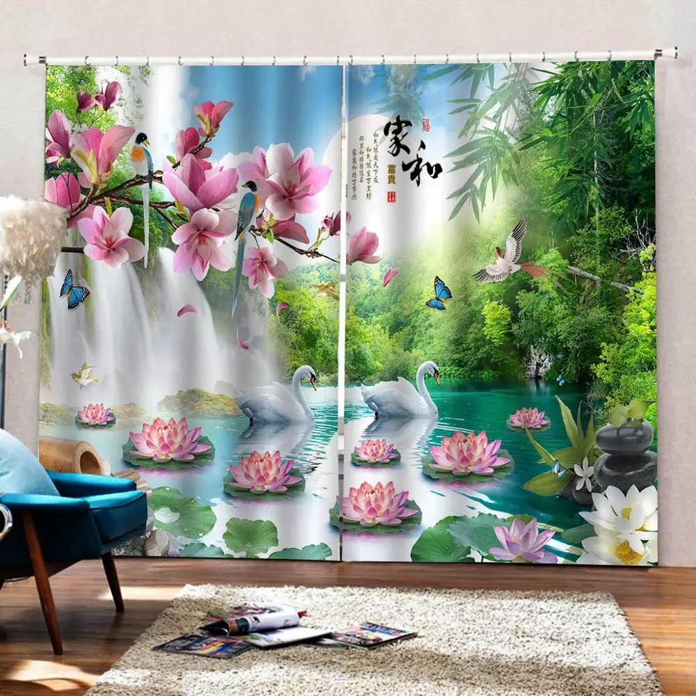 3D Curtains waterfall landscape Printing Blackout Curtain lotus forest shading Window Curtain Window
