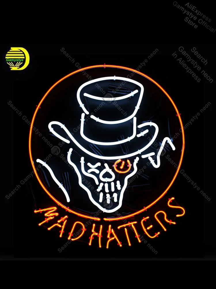 

Неоновая вывеска для Madhatters неоновая лампа череп со шляпой стекло enseigne lumineuse неоновый светильник настенные значки светильник Polis вывеска Маг...